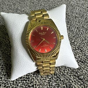 MEN'S GOLD FINISH PHILIP PERSIO DRESSY CASUAL WATCH Red Dial New Battery